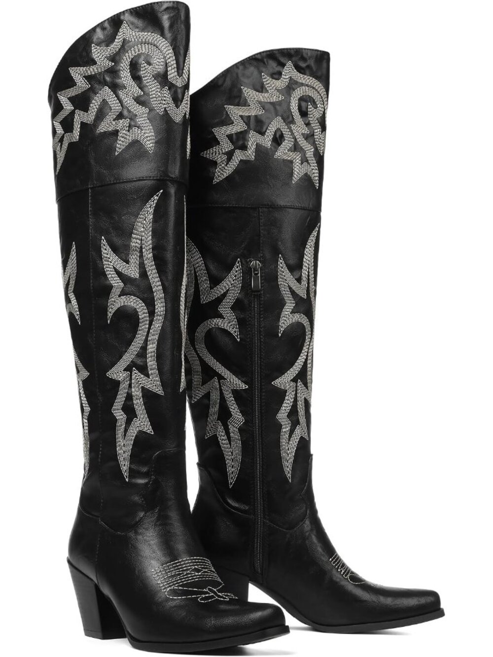Women's Black Thigh High Chunky Heel Pointed Toe Western Embroidery Cowgirl Boot